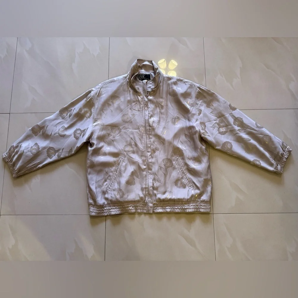 Vintage EVR - flower Print - Brown Jacket - 100% Silk - made in china L